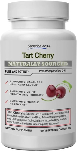 [BRSWYA33DIMGGYDP] SuperiorLabs Tart Cherry 1000 mg Extract, 2% Proanthocyanidins, Supports Balanced Uric Acid Levels, Celery Seed & Black Pepper Extracts for Maximum Absorption, 60 Veg Caps