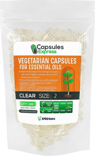 [BRSW2ZIPAV7AEDT6] XPRS Nutra Size 2 Empty Vegan Capsules - 100 Count Clear Veggie Capsules for Most Essential Oils - Empty Vegetable Pills for Essential Oils - DIY Filling