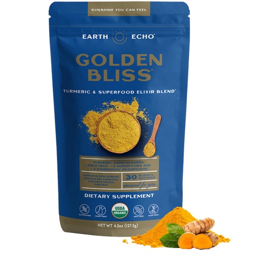 [BRSWY2YNCMBW23Q2] Earth Echo Golden Bliss - Organic Golden Milk with Turmeric and Ginger - Nighttime Superfood Mix for Relaxation & Sleep - Milk Powder for Baking & Latte - Vegan, Dairy-Free, Keto-Friendly, 30 Servings