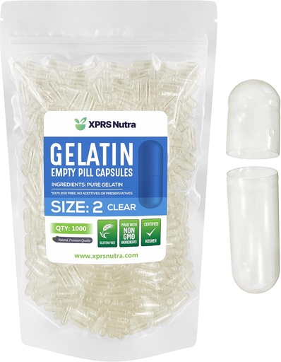 [BRSWKEAAOQHQAEI7] XPRS Nutra Size 2 Empty Capsules - 1000 Count Clear Empty Gelatin Capsules - Pills DIY Capsule Filling - Pure Bovine Pill Gel Caps for Do-It-Yourself Supplements