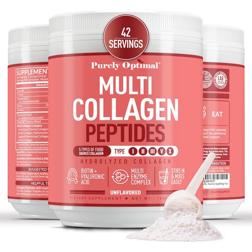 [BRSWY237DMNQGG3Z] Purely Optimal Collagen Peptides Powder - 5 Types Hydrolyzed Collagen Peptides with Biotin, B12, & Hyaluronic Acid for Hair, Skin, Nails, Bones & Joints - Unflavored, Easy Mixing, 16oz, 42 Servings