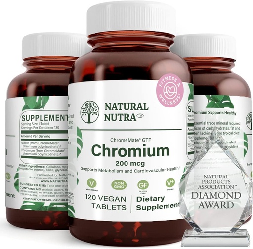 [BRSWGELRCFYREFL4] Natural Nutra GTF Chromium Polynicotinate with ChromeMate, Supports Body Metabolism, Support Heart Health, Maintain Body Fat Level, Improve Digestion, Cardiovascular Health, 200 mcg, 120 Vegan Tablets