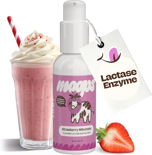[BRSRAAQNDEHR43LJ] Moops Liquid Lactase Enzyme Sirop 2oz – Saveur de milkshake aux fraises délicates – 10 000 unités de FAC pour un soulagement rapide des produits laitiers – Dose personnalisable pour l'intolérance au lactose – Pompe portative Twist-to-Lock