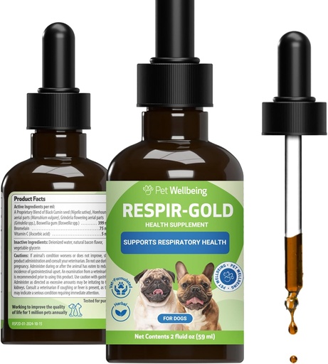 [BRSWYAABBEHAO3DB] Pet Wellbeing Respir- Gold šunims - parama sveikam kvėpavimui, Open Airways, kvėpavimo palaikymas, juodasis kuminas, Horehound, Grundiia - Veterinarian- Formuotas augalinis priedas 2 oz (59 ml)