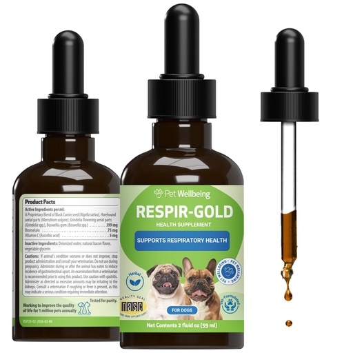[BRSWYAABBEHAO3DB] Pet Wellbeing Respir-Gold for Dogs - NASC Certified & Vet-Formulated Liquid Lower Respiratory & Lung Supplement with Black Cumin & Boswellia for Allergic Airway & Breathing, Natural Bacon Flavor, 2 oz