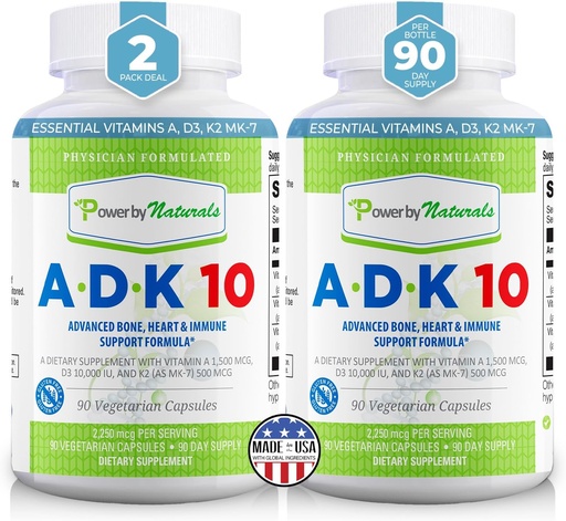 [BRSWYFALBB6BUHL6] Power By Naturals ADK Vitamin Supplement – ADK 10 High Potency with Vitamins A, D3 10,000 IU & K2 MK7 for Superior Heart, Immune & Bone Health Support – 90 Capsules, 2 Pack (6-Month Supply)
