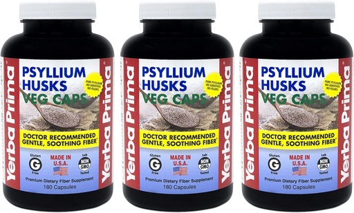 [BRSWKYIKDN4BO2DA] Yerba Prima Psyllium Husks Veg Caps - 180 Count (Pack of 3) - Vegan, Non-GMO, Gluten Free, Colon Cleanser, Daily Fiber Supplement for Gut Health & Regularity