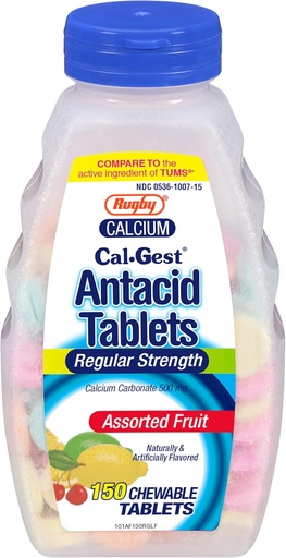 [BRSWIHYRO4MR22D2] Rugby Calcium Cal-Gest Antacid Tabletten - Regular Strength - Calcium Carbonate 500 mg - Assorted Fruit Flavor - 150 Chewable Count (1 Pack)
