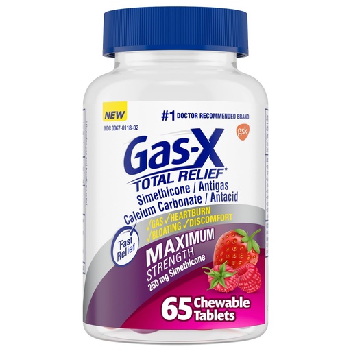 [BRSW2AL2OEFBY2Q3] Gas-X Total Relief Chewable Tablets with Maximum Strength Gas Relief Simethicone 250 mg and Heartburn Relief Calcium Carbonate 750 mg, Bloating Relief, Mixed Berries - 65 Count