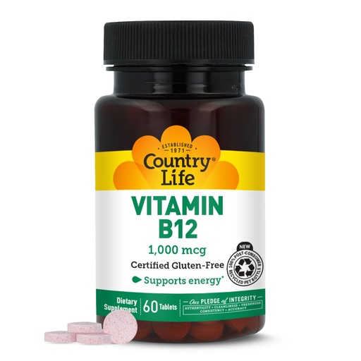 [BRSWIY3ZDMIQMCDG] Country Life Vitamin B12 Supplement - Essential for Brain Function, Nerve Health, Red Blood Cells - Ideal for Anemia Prevention - Vegan Vitamin B, 1000 mcg - Gluten-Free, 60 Tablets