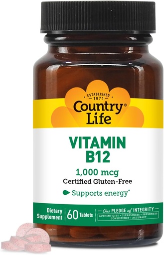 [BRSWIY3ZDMIQMCDG] Country Life Vitamin B12 supplement - Essential for Brain Function, Nerve Health, Red blood Cells - Ideal for Anemia Prevention - Vegan Vitamin B, 1000 mcg - Gluten-Free, 60 Tablets