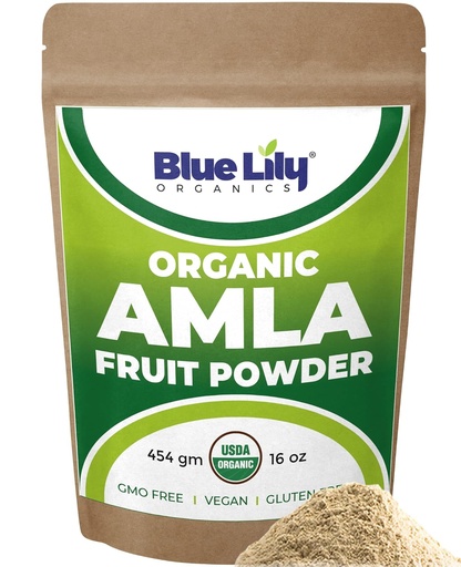 [BRSWIBLROYPAMCDY] Blue Lily USDA orgaaniline Amla pulber (Amalaki / India Gooseberry) 16oz (1lb) taassuletav Kraft kott, 100% puhas Amla Berry pulber, rikas antioksüdant C-vitamiin, toetab tervislikku immuunsüsteemi