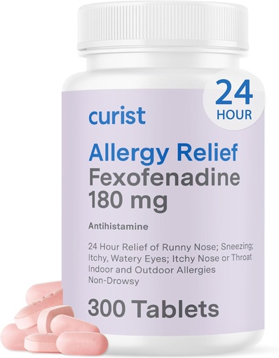 [BRSROC32CMCWMD3H] Curist Fexofenadine Hydrochloride 180mg (300 Tablet) - 24 HR Antihistamine Alergia Erliebe-taulak (300 Count) Egun osoko indarra Fexofenadine Bulk Non Drowsy Alergia Erliebea