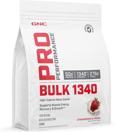 [BRSWGGIEAB6QGAA3] GNC Pro Performance Bulk 1340 Mass Gainer Protein Powder, 50g, Gluten Free, Whey, Creatine, BCAA, 3rd Party Tested, Muscle Recovery & Growth, Micronutrients, Strawberries and Cream, 9 Servings