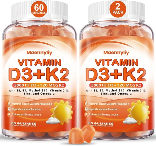 [BRSRAZL2OUBQMADX] Vitamin D3 K2 Gummies for Adults - Vitamin D3 5000IU + K2 (MK-7) 120mcg - Sugar-Free D3 and K2 Supplements with Omega-3, Methyl B12, B9, B6, Vitamins E & Zinc - for Calcium Absorption & Immune Health