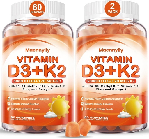[BRSRAZL2OUBQMADX] Vitamin D3 K2 Gummies for voksne - vitamin D3 5000IU + K2 (MK-7) 120mcg - sukkerfri D3 og K2 Kosttilskudd med Omega-3, Metyl B12, B9, B6, vitaminer E & Zink - for kalsiumabsorpsjon og immun helse