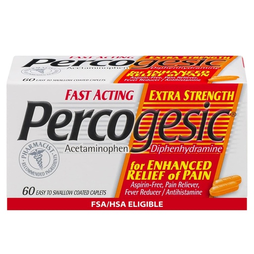 [BRSWIYQZPIGBUEI7] Percogesic Extra Strength Acetaminophen & Diphenhydramine Pain Relief, Fast-Acting Aspirin-Free Fever Reducer & Antihistamine, 60 Count