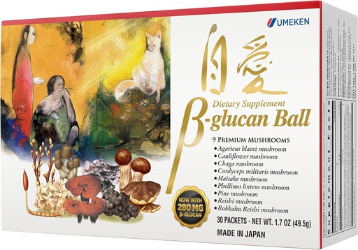 [BRSWYBIROEIQKCA3] Umeken Beta Glucan, Immune Boost, Mushroom Extract, Dietary Supplement, Blend of 9 Premium Mushroom Extract Packets, Easy to Take Beta Glucan Supplements, 1 Month Supply, 30 Count Box, Pack of 1