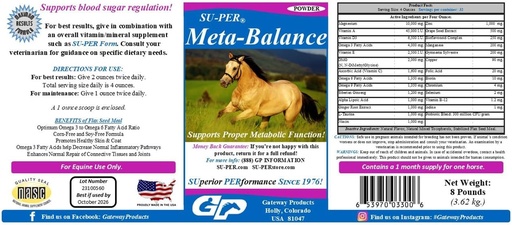 [BRSWIZYOCQOQODI3] SU-PER Meta-Balance Horse Metabolic Support - Regulación del azúcar en sangre &amp; Suplemento de salud digestiva - Vitaminas y minerales de caballo, Extractos herbarios, Probióticos - 8 libras, 1 mes de suministro