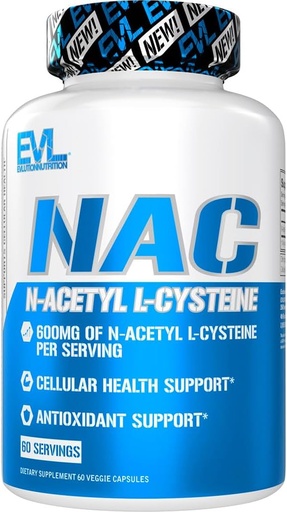 [BRSROAIFBYNBSGTG] Evlution Nutrition NAC N-Acetyl L-Cysteine - 600mg N-Acetyl L-Cysteine - Antioksid Support - Health Support - Dietary Supplement - Vegan & Gluten Free - 60 Veggie Capsules - 60