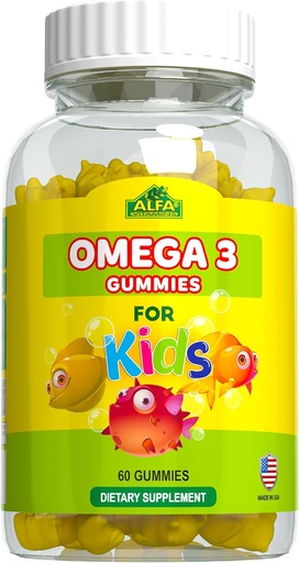 [BRSW2GQFOQJWAELA] ALFA VITAMINS Omega 3 Kids Gummis, unterstützt Gehirnentwicklung, Herzgesundheit & Vision, einfach zu kauen, Omega 3 Ergänzung für Kinder, Orange Flavored, Kein Fischgeschmack, 3 Gummis täglich, 60 Gummies