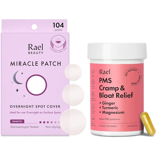 [BRSROBQZAEDWKC3G] Rael Bundle - Overnight Spot Cover Pimple Patches (104 Count) & PMS Supplement for Women (28 Capsules)