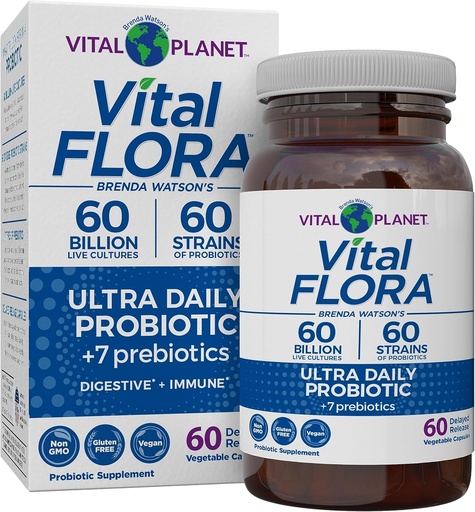 [BRSWGHDYO4GQYE3K] Vital Planet - Vital Flora Ultra Daily Probiotic 60 Billion CFU, Diverse Strains, Prebióticos Orgánicos, Immune Support, Bloating Relief, Digestive Health Probiotics for Women and Men 60 Capsules