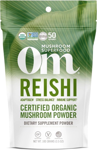 [BRSWIHD2DMFQKC32] OM MUSHROOM SUPERFOOD Reishi Organic Jamur Powder, 3.5 Ounce, 50 Pelayan, Adaptogen, Stress & Imune Dukungan, Superfood Jamur Suplemen