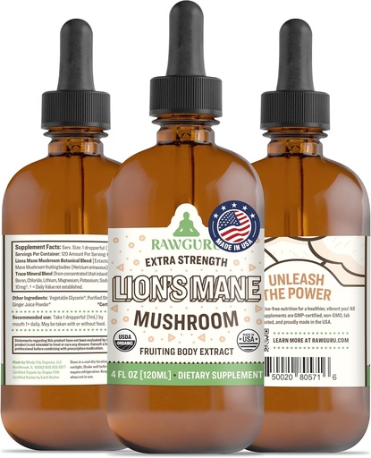 [BRSROGARPIFWAA3J] RawGuru Lion's Mane Mushroom Tincture - Vegan Lion's Mane Extract with Trace Minerals - Nano-Processed Immunity Boost & Cognitive Supplement - 120 Servings of Vegan Drops per 120 ml, Pack of 1