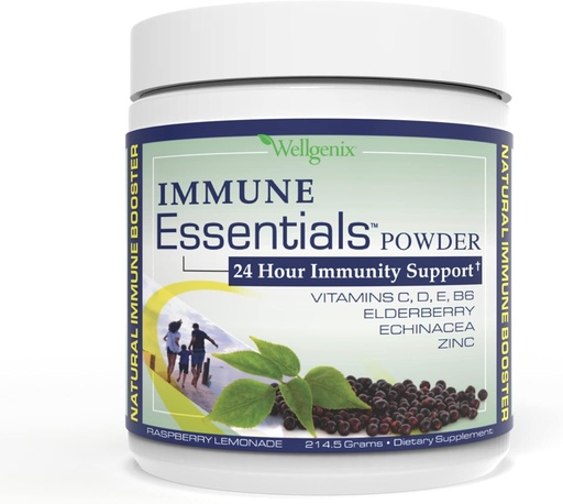 [BRSW2GA7OQNRMD3P] Wellgenix Immune Essentials - Multivitamin Powder for Men, Women & Kids - Vegan Supplement with Vitamins C, D Elderberry Zinc, Echinacea for Toddler, Kid & Adult - 7.57g (Raspberry Lemonade)