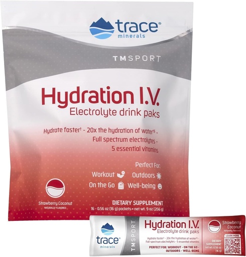 [BRSRM2QCOB7QI3IZ] Trace Minerals | Hydration I.V. Elektrolyte Pulververpackungen | Full Spectrum Recovery Mineral Mix for Rapid Rehydration, Natural Energy and Muscle Stamina | Strawberry Coconut | 16 Travel Packs