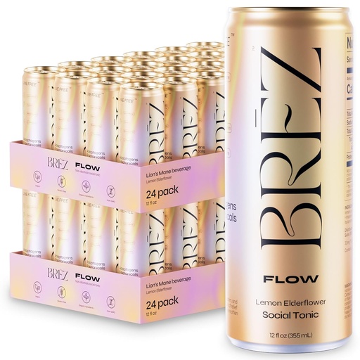 [BRSRAZAEOJYWO2Y7] BREZ FLOW Lion’s Mane Mushroom Drink, 48-Pack, Non-Infused, Adaptogens, Relieving, Uplifting, and Social, Sparkling Lemon Elderflower Tonic 12 Fl oz