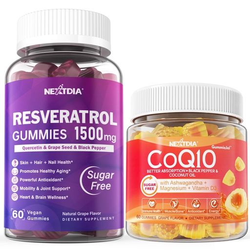 [BRSRAYYCA54BO2DH] Nextdia Sugar Free Resveratrol Gummies 1500mg + CoQ10 200mg 100mg Filled Gummies with Magnesium Support Healthy Aging & Longevity