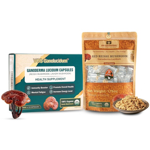 [BRSRAAA7CMHGMDQY] VOS GANOLUCIDUM Combo For Better Health, Daily Immune Boosting Red Reishi Mushroom Capsules (30 Capsules) & Organic Finely Chopped Reishi Mushroom (1.76 Oz), Energy Booster & Perfect In Cooking