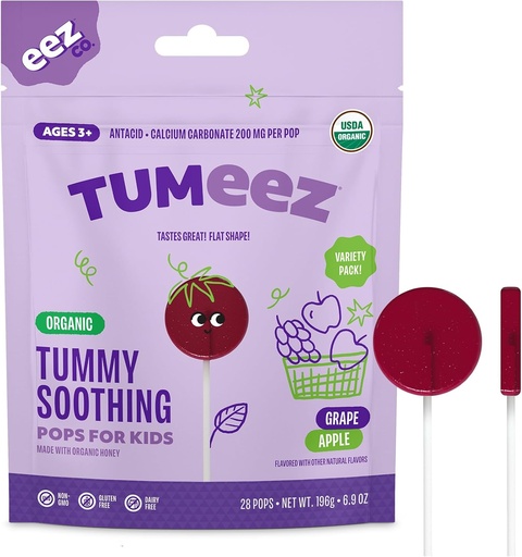 [BRSRAGL5AEPBGAYU] Tumeez Organic Lollipops for Upset Stomach Relief, Variety Pack Perfect for Indigestion, Heartburn and More While Tasting Great, Grape & Apple Flavors, 28 Count