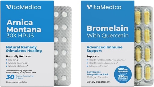 [BRSWYEAZBEDREAYU] VitaMedica Arnica and Bromelain Blister Packs Bundle | for Post Surgery and Muscle Recovery | Bruise Relief | Plant Based Natural Formulas | 2 Product Bundle for Healing Support | 5 Day Supply