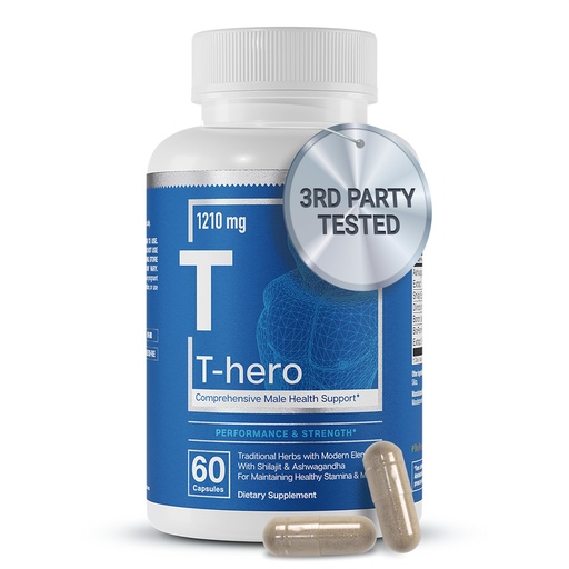 [BRSWYYADOUNA42D3] Essential Elements T-Hero - Daily Testosterone Support for Men - Promotes Vitality & Drive - with Ashwagandha, Shilajit, Boron, DIM - 60 Count - 30 Servings