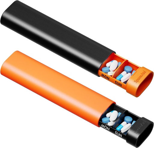 [BRSRAYA6OR6RO3LD] SpaceAid 2 Pack Pill Organizer Box 7 Day, Weekly Travel Pill Case Holder, 2 Times a Day AM PM Daily Pocket Pharmacy Dispenser Container for Pills, Vitamins and Medicine (Black, Orange)