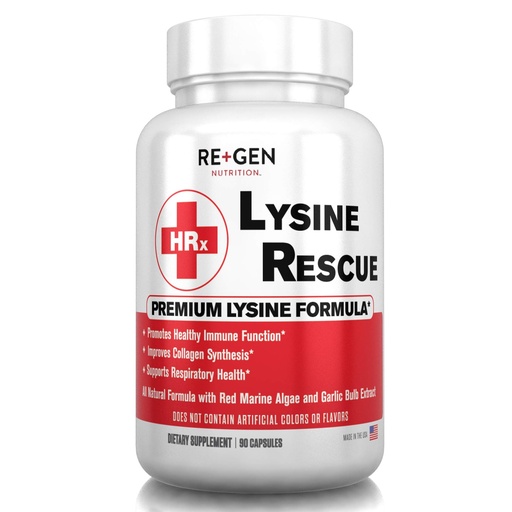 [BRSWYZAYOIMREELH] Re+Gen Nutrition Lysine Rescue, Amino Acid Supplement for Stronger Immune Health & Collagen Synthesis in Women & Men, Promotes Lips & Skin Health, Natural, Pure L-lysine, 90 Capsules, 45 Day Supply