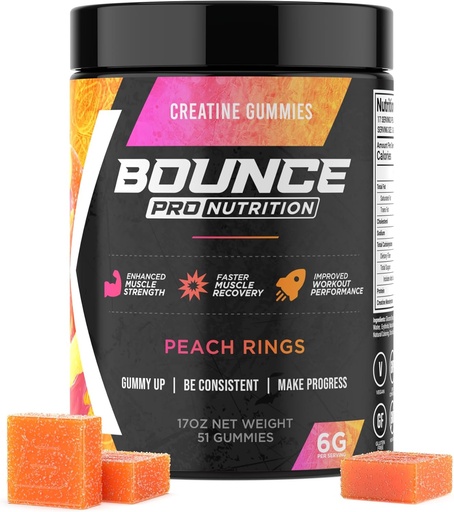[BRSRAGL7AEFBUGQU] Bounce Pro Creatine Monohydrate Gummies for Men &amp; Women, Low Calorie, 6G de Creatine per Serving, Vegan, Anti-Melting, Gluten-Free, Non-GMO, 2g de Creatine per Gummy (51ct, Peach Rings)