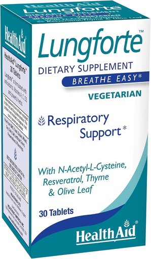 [BRSWKEYIBNYWOFQ7] HealthAid LungForte 30 Таблетки - Ежедневная поддержка антиоксидантов с NAC, ресвератролом, оливковым листом, тимьяном и витаминами A, C & D3 - вегетарианские, не-ГМО