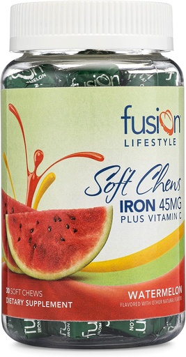 [BRSW2H35ORYQI3LK] Iron Supplement for Women and Men, Watermelon Flavored Iron Soft Chew Plus Vitamin C for Iron Deficiency and Anemia, 1 Month Supply, 30 Count