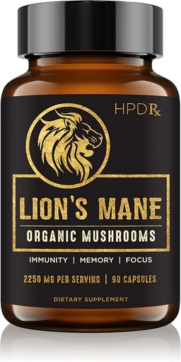 [BRSWYYIEPIJQ2HL2] HPD Rx Lion 's Mane Mushroom Extract Capsules Natural Nootropic, Support Memory & Focus, Immunity Booster - Impostant Mushroom Suplemen 124; 2250 mg, 90 Capsules, Paket 1