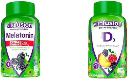 [BRSROAIKCEJRE2DU] Vitafusion Extra Strength Melatonin Gummy Vitamins, 5mg, 120 ct Gummies & Vitamin D3 Gummy Vitamins for Bone and Immune System Support