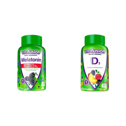 [BRSROAIKCEJRE2DU] Vitafusion Extra Strength Melatonin Gummy Vitamins, 5mg, 120 ct Gummies & Vitamin D3 Gummy Vitamins for Bone and Immune System Support
