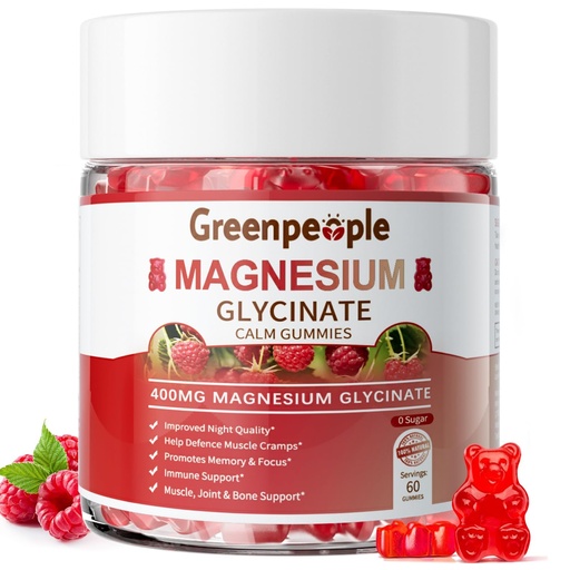 [BRSRMAQHBUARO23X] GREENPEOPLE Magnesium Glycinate Gummies 400mg - Sugar Free Magnesium Supplement with Magnesio Citrate, Vitamin D, and B6 for Calm Support & Sleep for Adults - High Absorption - Raspberry Gummies