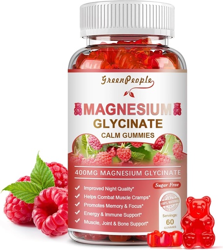 [BRSRMAQHBUARO23X] Glycinate de magneziu GLEENPEOPLE 400mg - Supliment de potasiu de magneziu fără zahăr cu malat de magneziu, vitamina D, B6 și CoQ10 pentru suport calm și somn pentru adulți - Zmeură gume