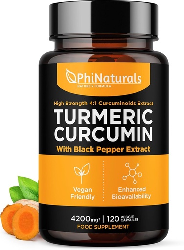 [BRSRAGTQCIHRSFIV] PhiNaturals Turmeric Curcumin Supplement with Black Pepper Extract - 4200 mg Whole Curcuma Root Equivalent Per 3 Capsules Serving - Tumeric Pills