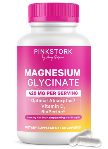 [BRSWYZ3QBBYW2ET5] Pink Stork Magnesium Glycinate with Vitamin D - Magnesium Supplement for Women to Support Natural Calm, Mood, and Sleep - Hormone Balance for Women - 60 Capsules, 1 Month Supply