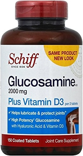 [BRSWKEABAUGW2DDI] Schiff Glucosamine 2000mg with Vitamin D3 and Hyaluronic Acid, 150 Tablets - Joint Supplement